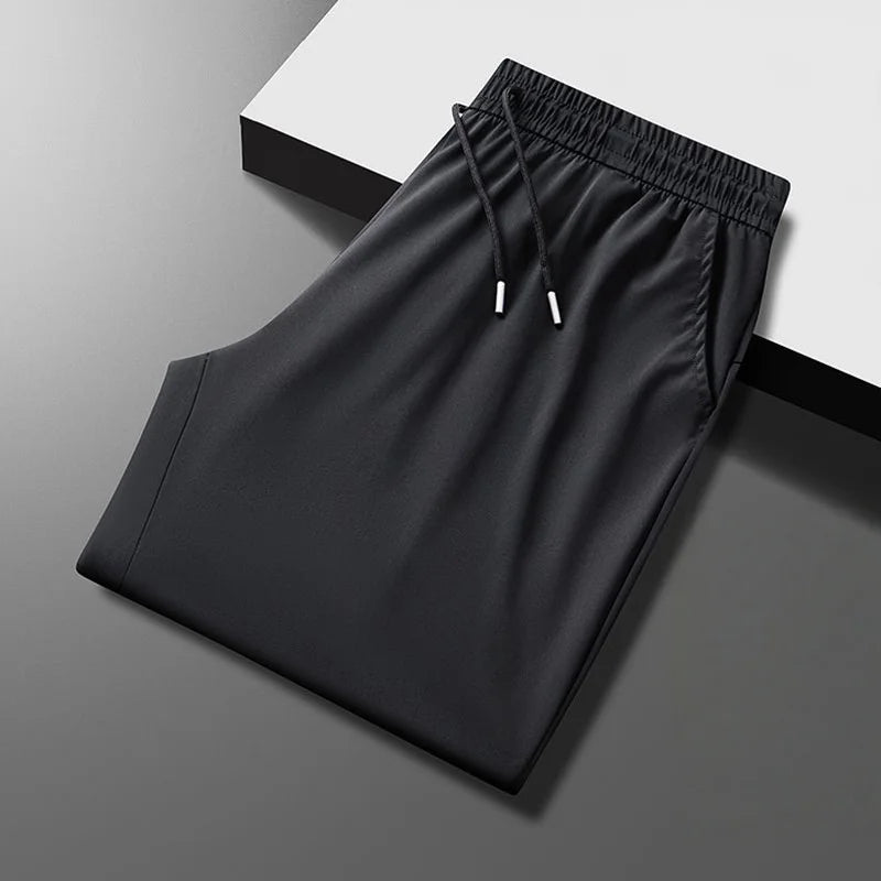 Ice Silk Male Pants 2026 Summer New Black Gray Thin Business Casual Pants Outdoor Elastic Breathable Straight Leg Sweatpants